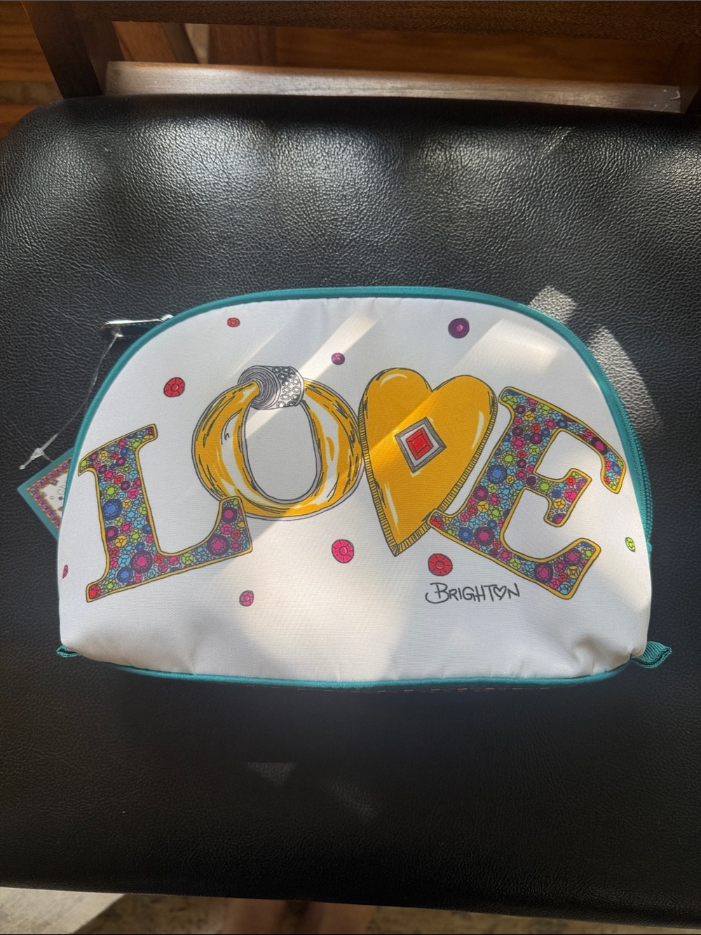 Brighton White Cosmetic or Jewelr Pouch with Colorful LOVE Artwork and Teal Trim